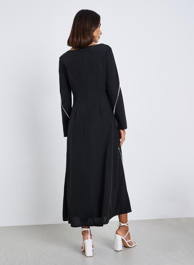 Styli Women Black Contrast Piping A-Line Midi Dress - Image 5